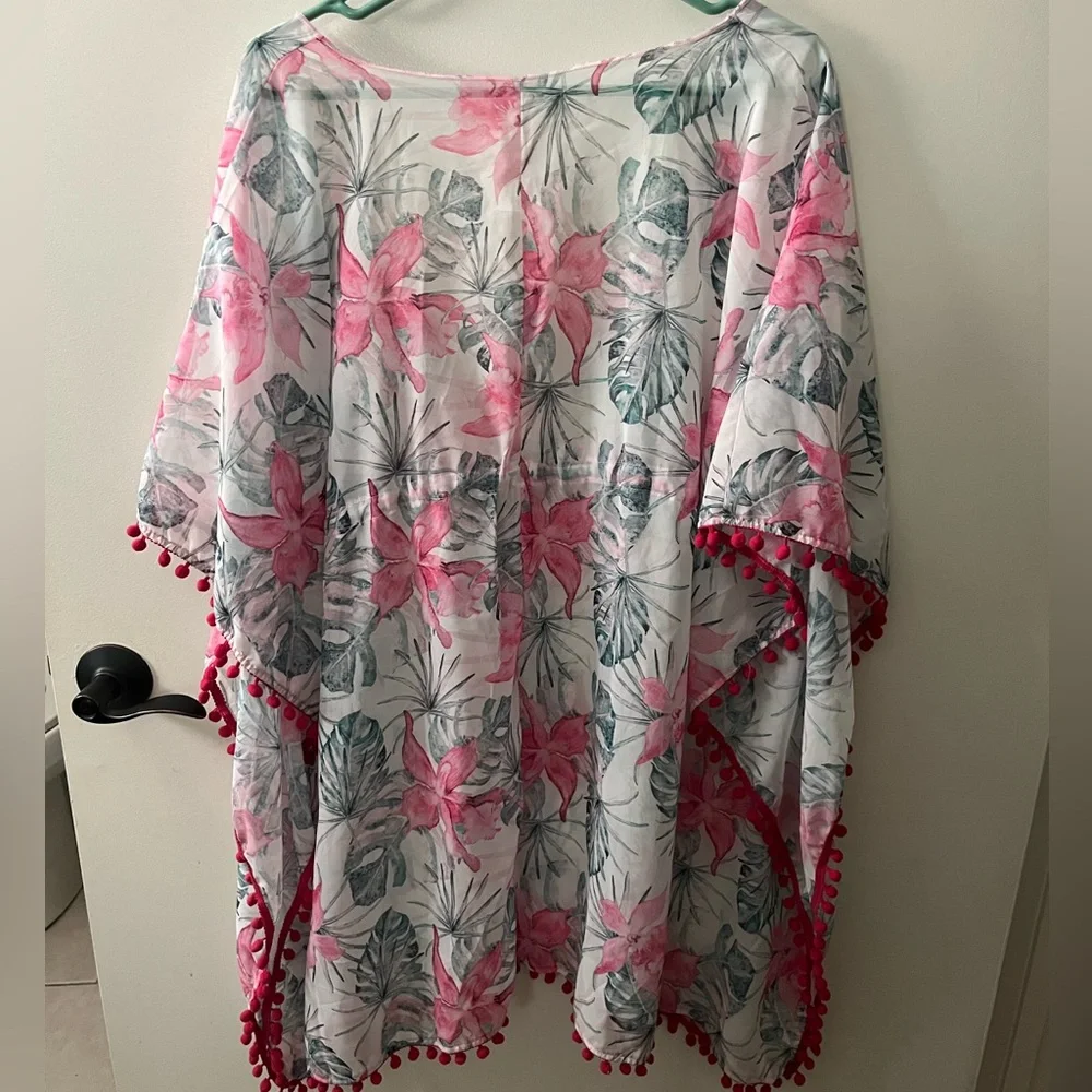 Tropical Floral Kimono/coverup with Pom Pom fringe